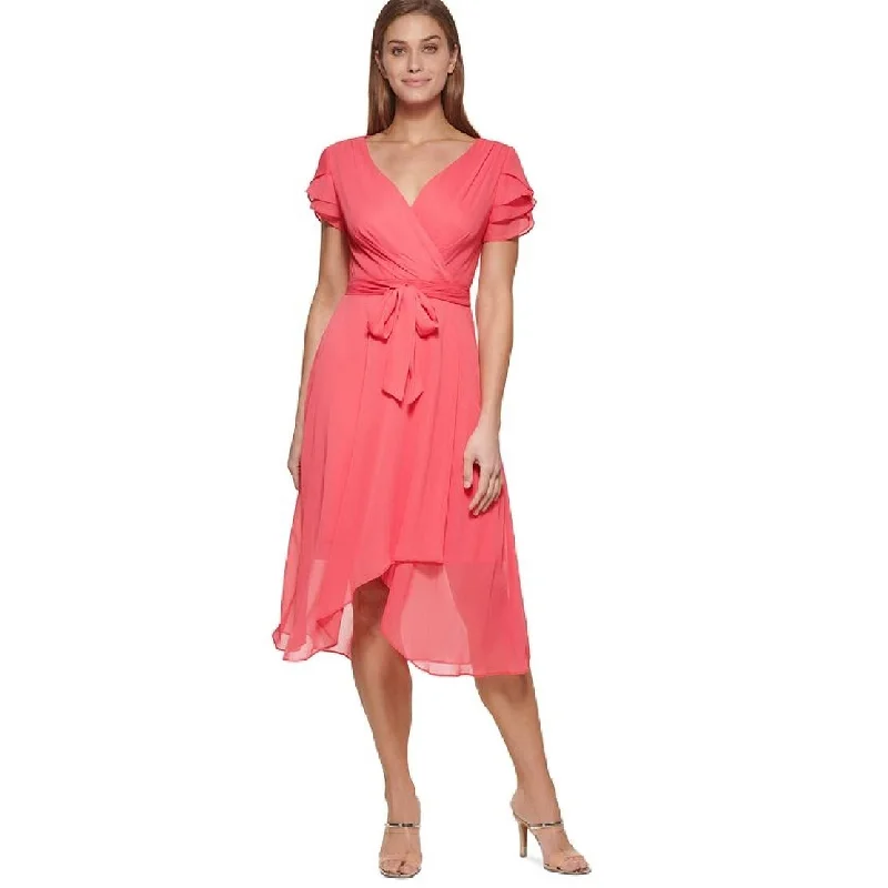 Classic Series DKNY Women's Tiered Sleeve Faux Wrap Dress Red Size 16