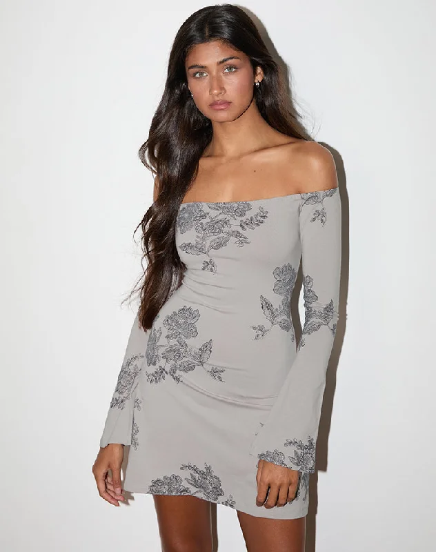 Simple Comfort Kausar Off Shoulder Mini Dress in Lace Flower Grey