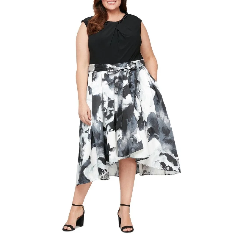 Boutique Recommendation SL Fashions Women's Embellished Neck Floral Skirt Dress Black Size 16W