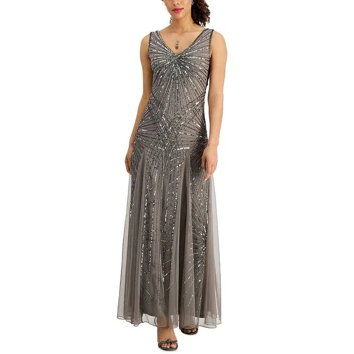 Bottom And Versatile J Kara Women's Beaded Sequin Embellished Gown Gray Size 10