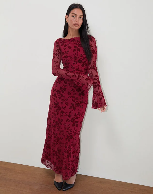 Retro Woolen Jacket Slokya Long Sleeve Maxi Dress in Vine Floral Flock Cherry