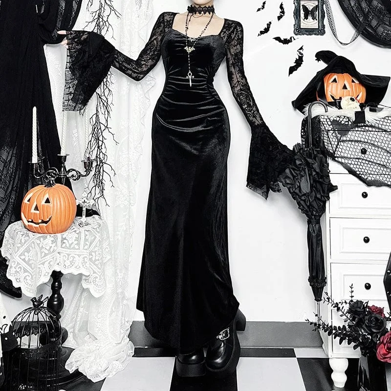 Everyday Comfort Women's Gothic Flared Sleeved Lace Splice Velvet Dress