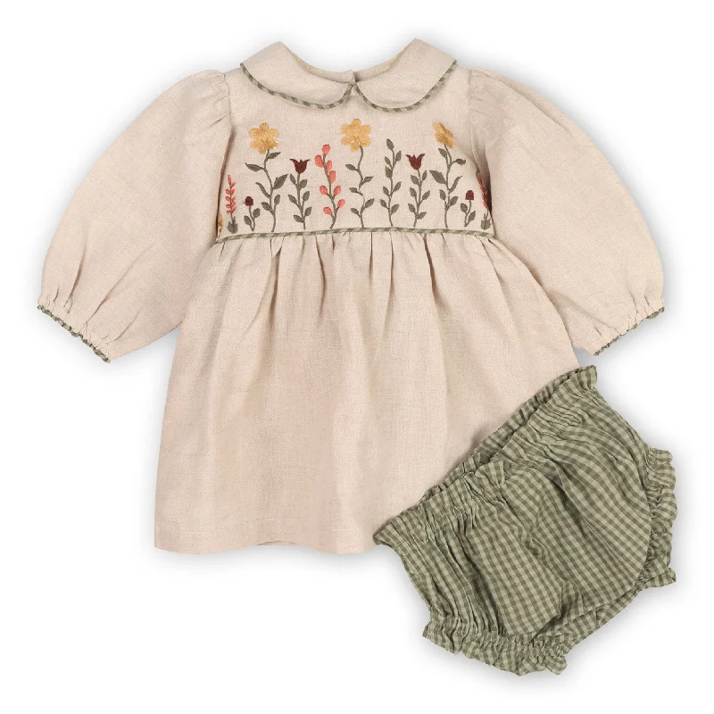 Style Design Floral Embroidered Peter Pan Baby Dress & Fancy Bloomer Set (Linen Blend)
