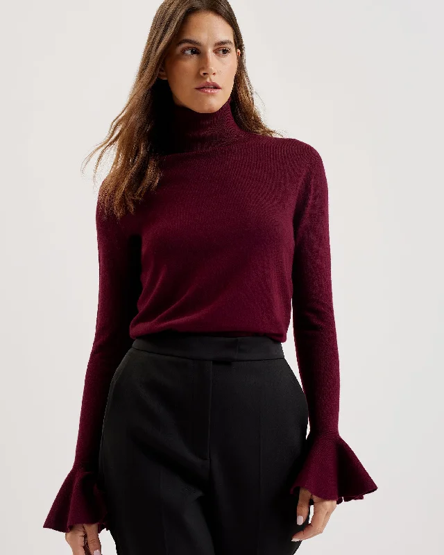 Personalized print Tamsenn Roll Neck Fluted Sleeve Sweater Dk-Red
