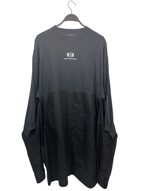 Retro Style BALENCIAGA/LS Dress/1/Cotton/BLK/POPLIN DRESS/ WAIST TIE