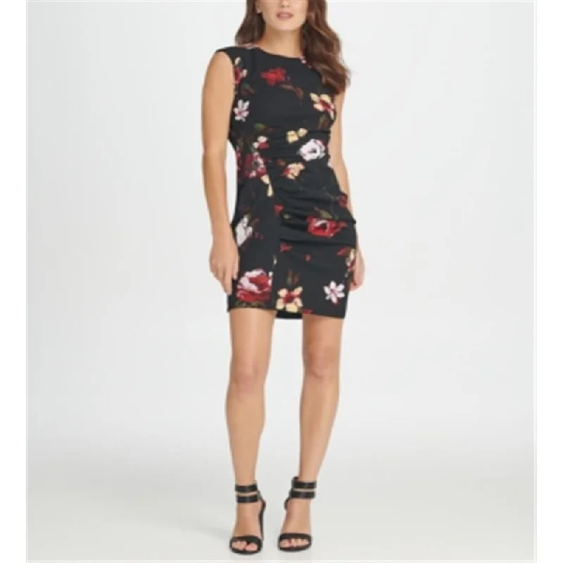 Wearable At Home Or Out DKNY Women's Ruched Floral Print Sheath Dress Black Size 6