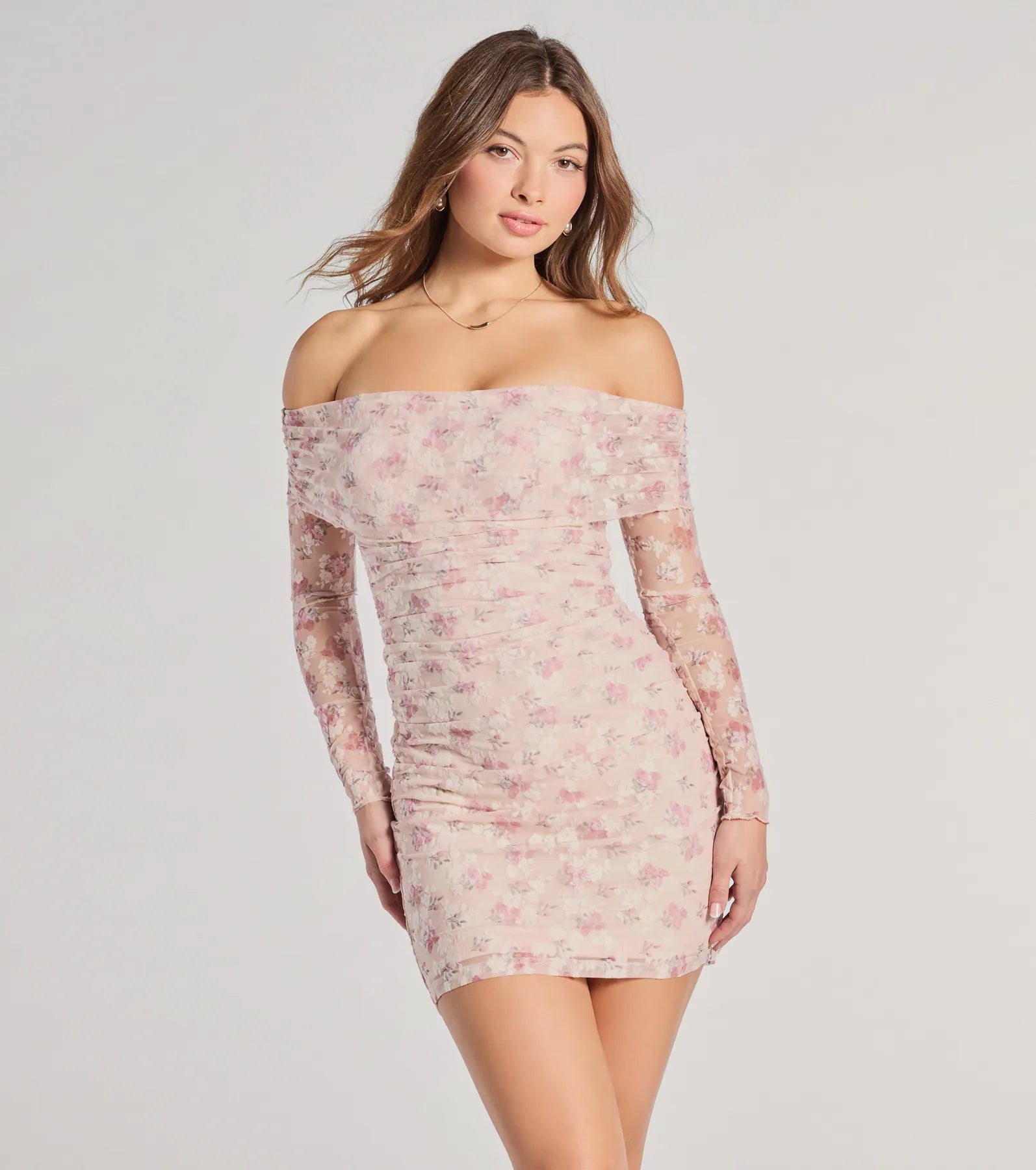 Warm Wear In The Garden Off-The-Shoulder Floral Mesh Mini Dress