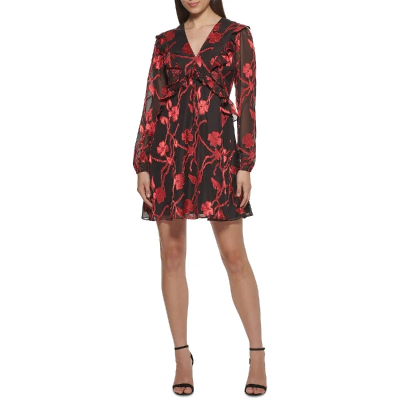 Minimal Style Kensie Dresses Women's Ruffled Zippered Lined Blouson Sleeve V Neck Short Formal Fit Flare Dress Black Size 12