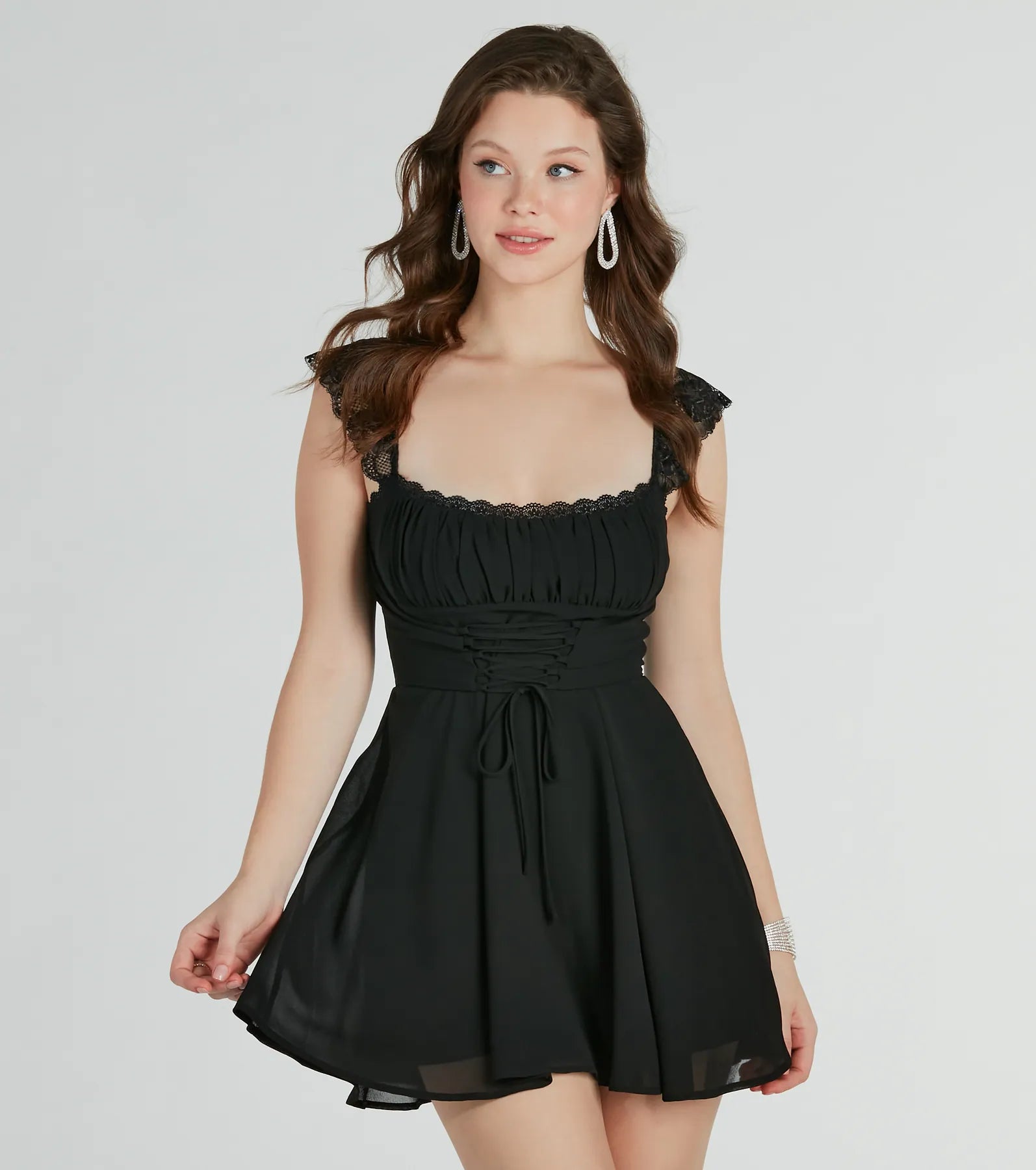 Autumn Selection Dainty-Chic Lace-Trim Woven Corset Skater Dress