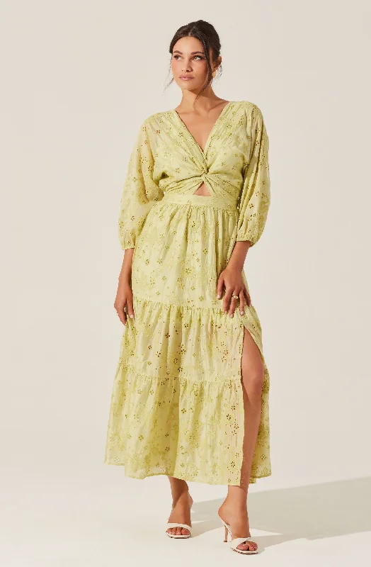Stand-up collar design Jesalyn Floral Eyelet Maxi Dress