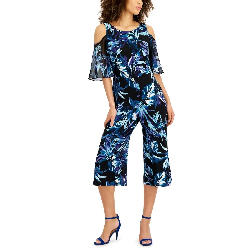 Retro Literary Style Connected Women's Cold houlder Printed Jumpsuit Blue Size 8
