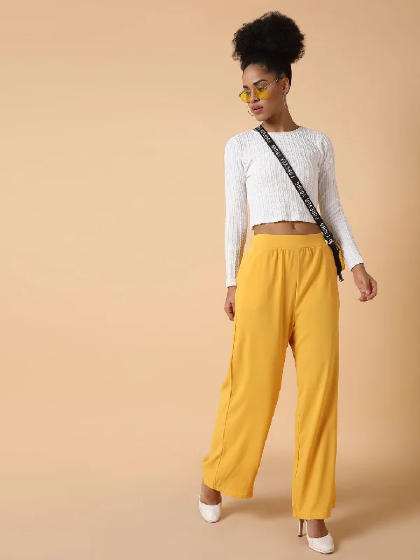 Exquisite Craftsmanship Women Flat Front Solid Mustard Trousers