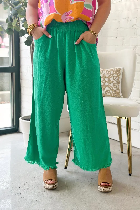 Simple Elegance Green Wide Leg Elastic Frayed Pants