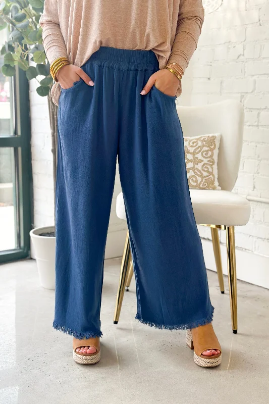 Comfortable Outfits Slate Blue Wide Leg Elastic Frayed Pants