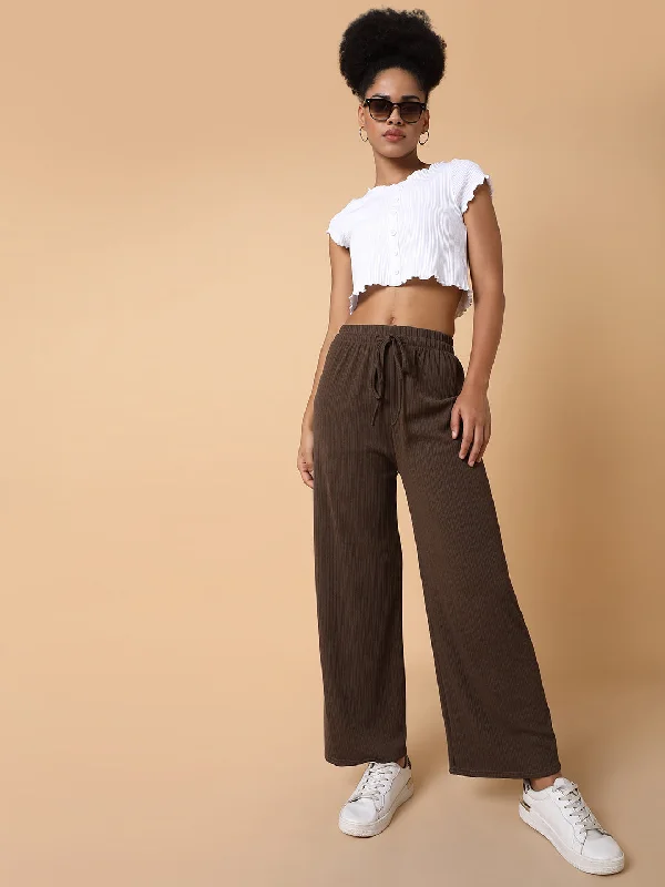 Casual Wear Women Flat Front Solid Brown Trousers