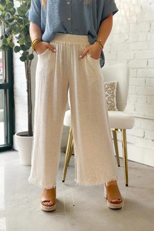 Casual Chic Oatmeal Wide Leg Elastic Frayed Pants