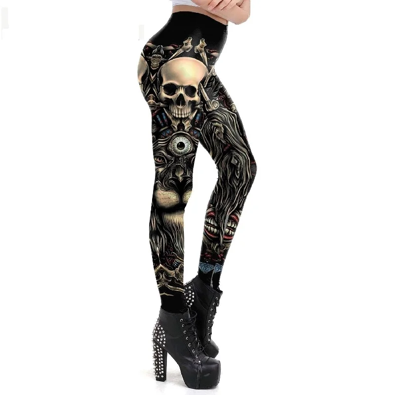 Sports Style Gothic Punk Retro Vintage Style Skull Lion Designed Women's Legging