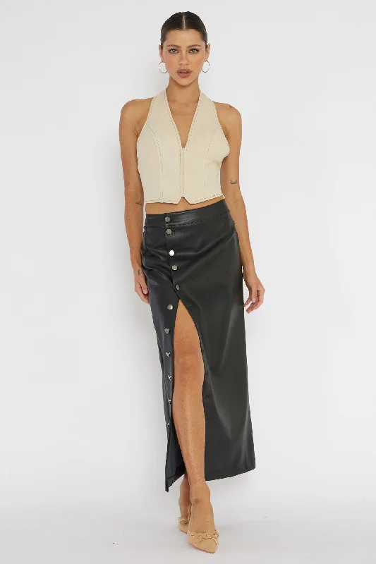Cozy Pants Angelica Button-Up Faux Leather Midi Skirt Black