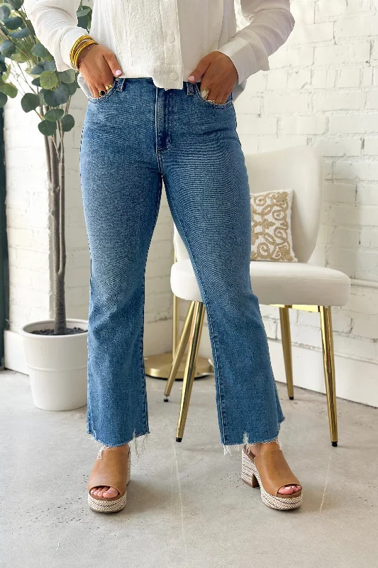 Celebrity Style Medium Denim High Rise Crop Flare Jeans