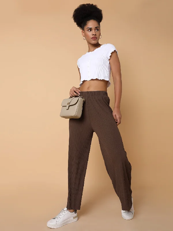 Comfortable And Simple Women Flat Front Solid Brown Trousers