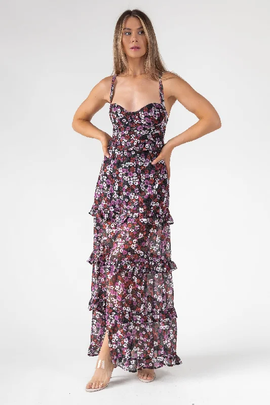 Lazy Style Black Floral Ruffle Maxi Dress
