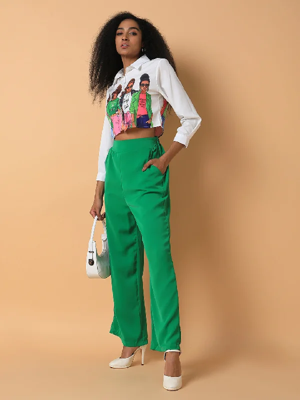 Easy Fashion Women Flat Front Solid Green Trousers