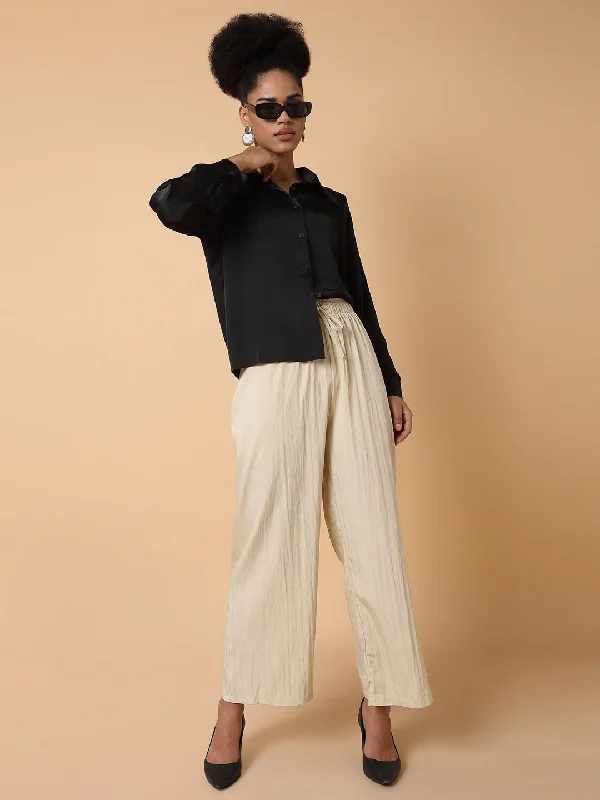 Comfort Fit Women Solid Cream Straight Trouser