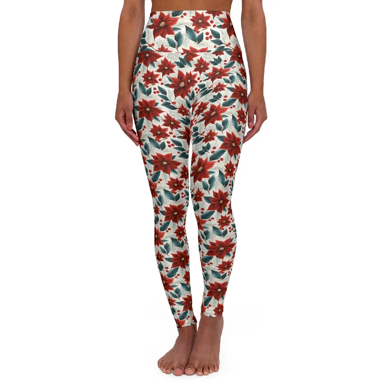 Lounge Wear High Waisted Yoga Leggings, Red Poinsettia