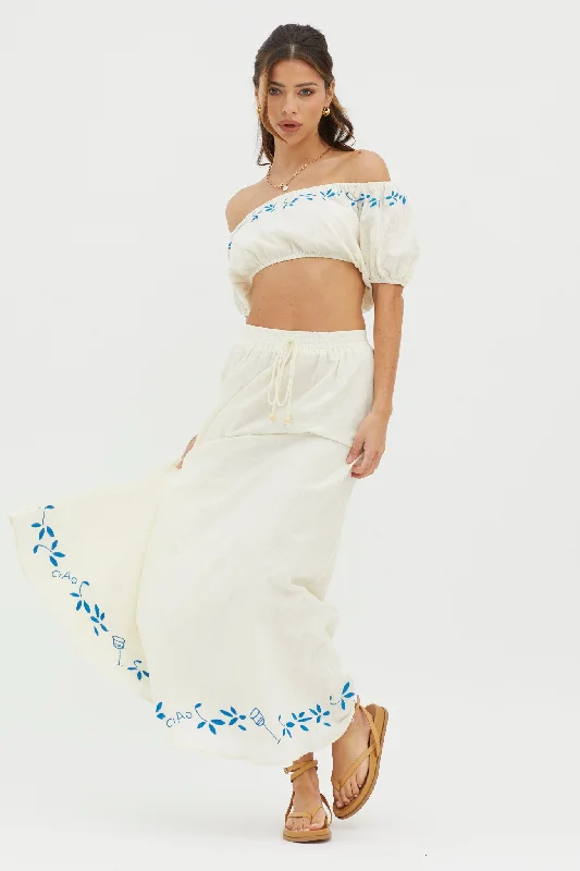 High Street Style Ritual Embroidered Hem Midi Skirt Beige