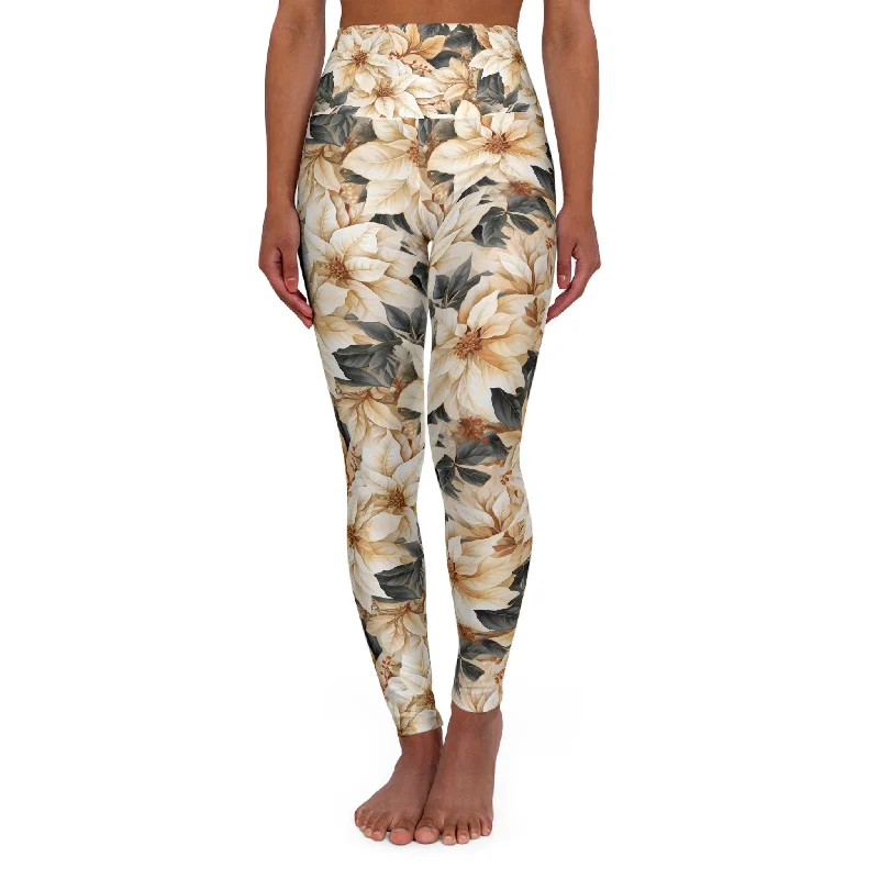 Cozy Fit High Waisted Yoga Leggings Cream Poinsettia