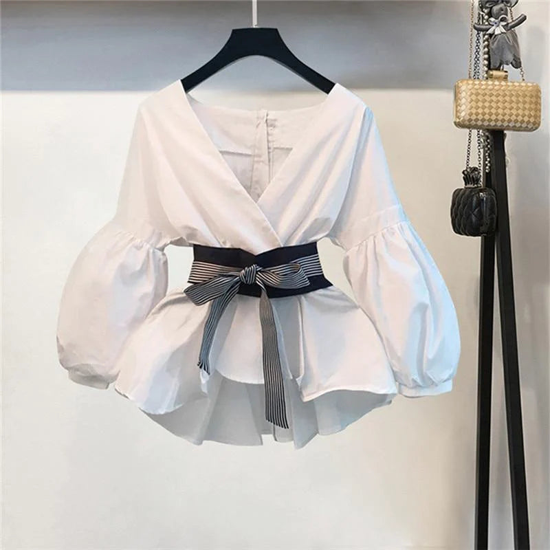 Soft Fashion Striped Blouse & Wide Leg Pants Set with Sashes & Fashion Puff Sleeves