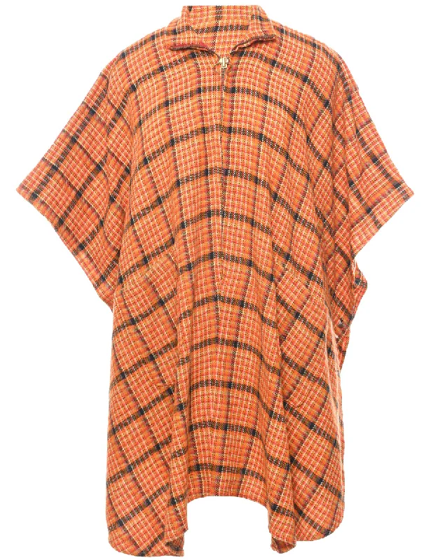 College Style Checked Zip Front Cape - L
